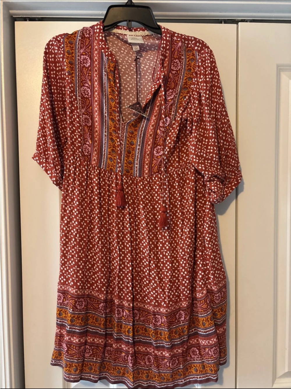 Knox Rose Rust Boho Tunic with Tassel Ties NWOT